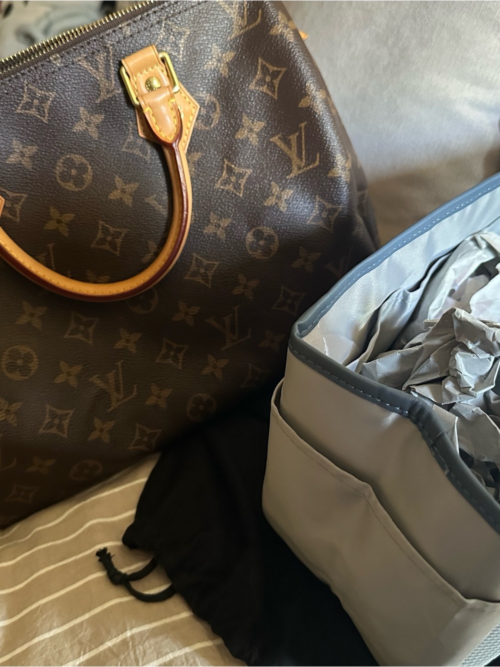 Louis Vuitton Monogram Handbag with Brown Canvas and Tan Leather